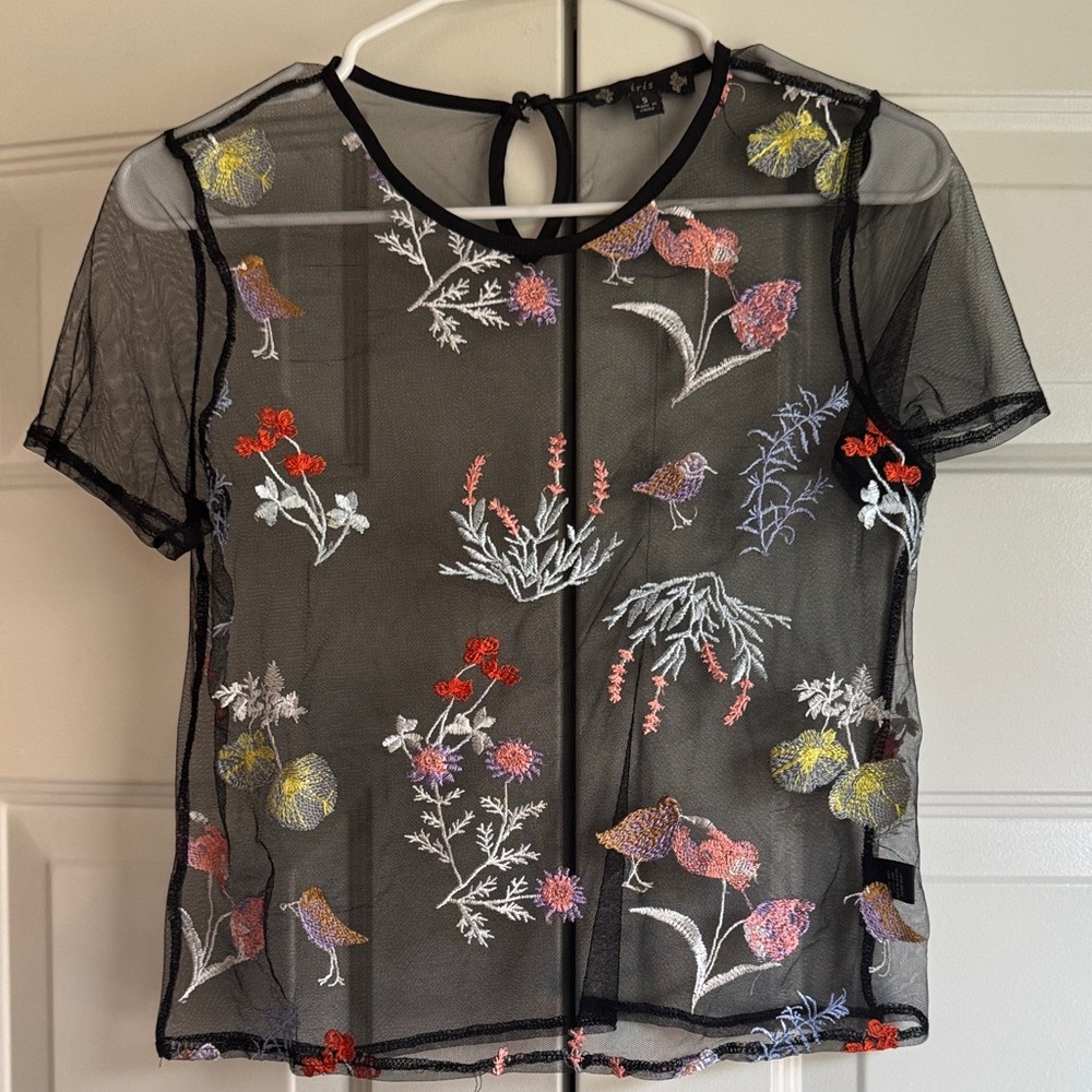 Black Sheer Mesh Short Sleeve Top with Multicolor Floral & Bird Embroidery